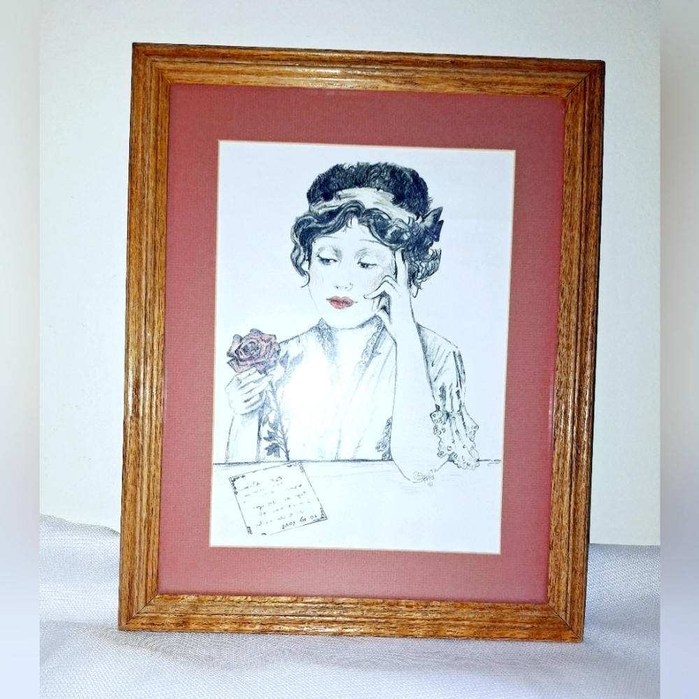Vtg. "He loves me,he loves me not! 1920's Flapper Woman Framed Sketch Art.